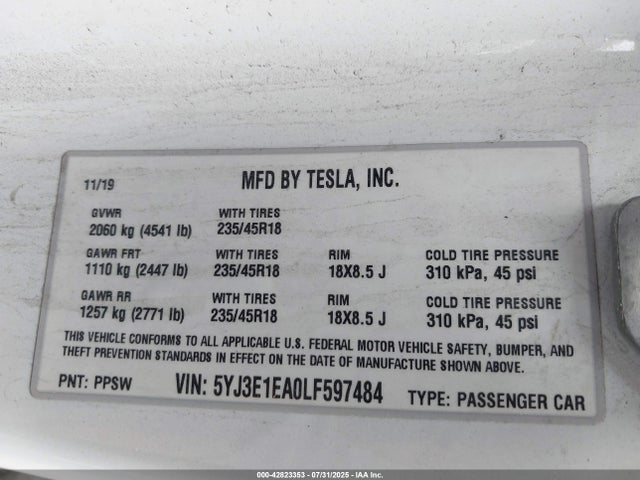 2020 TESLA MODEL 3 5YJ3E1EA0LF597484 Photo 8