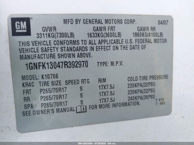 2007 CHEVROLET TAHOE 1GNFK13047R392970 Photo 8