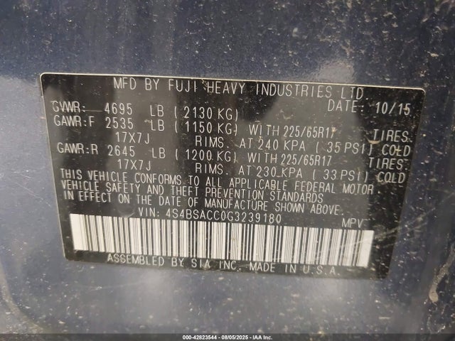 Subaru 2.5l u5 2016 4S4BSACC0G3239180 Image 9