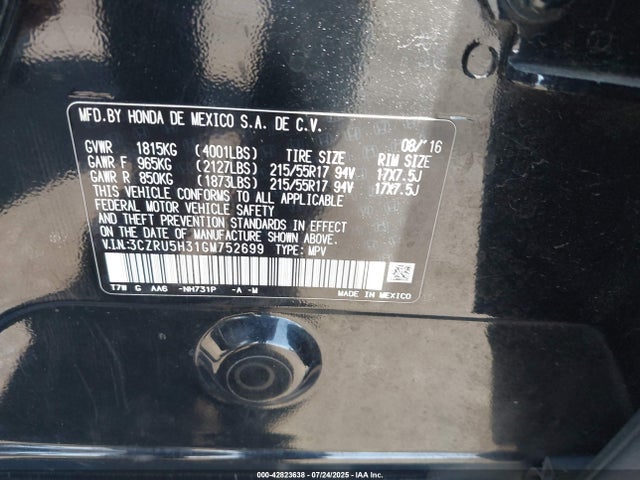 3CZRU5H31GM752699 Honda r18z9