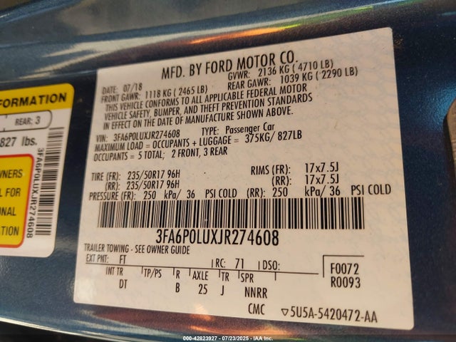Ford 2.0l 4v atk hev 2018 3FA6P0LUXJR274608 Image 9