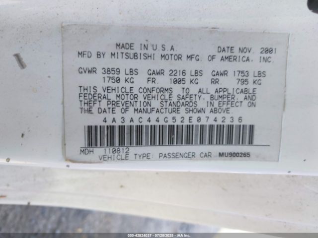 2002 MITSUBISHI ECLIPSE 4A3AC44G52E074236 Photo 8