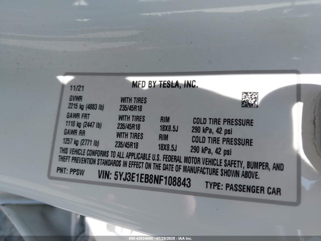 2022 TESLA MODEL 3 5YJ3E1EB8NF108843 Photo 8