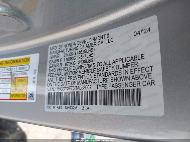 Honda lfc5 2024 1HGCY2F76RA058662 Image 9