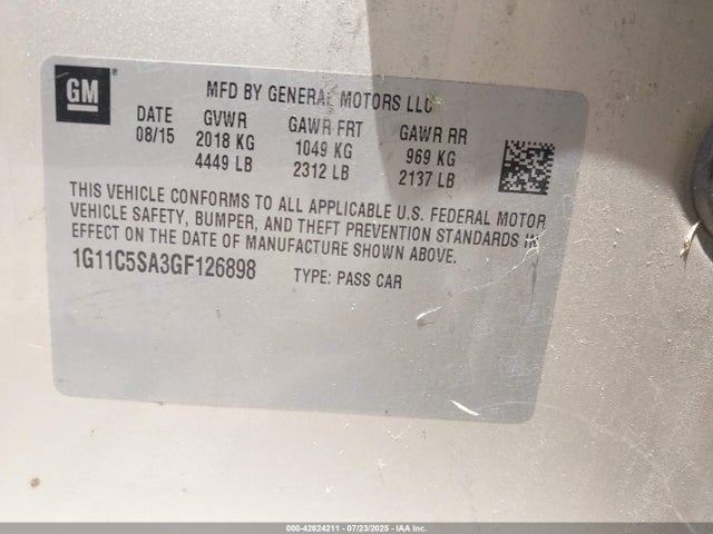 1G11C5SA3GF126898 Chevrolet lcv -sidi, dcvcp, vvt, dcvcp, e85 max, e0-e100, aluminum