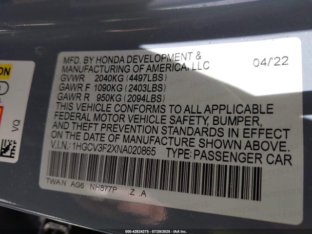 1HGCV3F2XNA020865 Honda lfb2