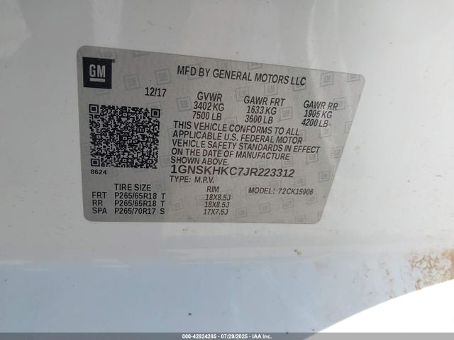 1GNSKHKC7JR223312 Chevrolet l83 - sidi: spark ignited direct injection, vvt: variable valve timing, afm, e85 max, alum