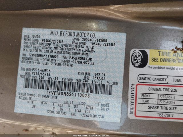 2005 FORD MUSTANG 1ZVFT80N855110023 Photo 8