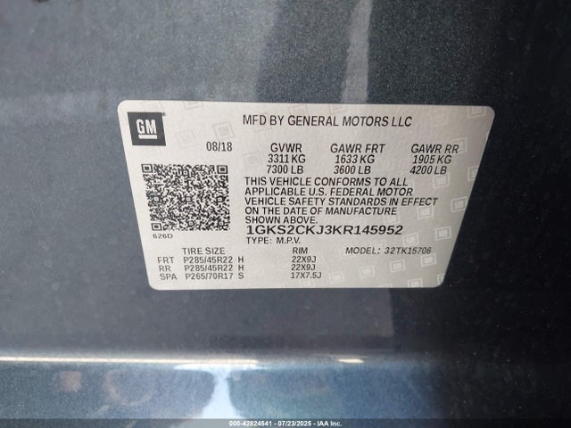 GMC l86 - spark ignited direct injection, variable valve timing, afm, e85max, alum 2019 1GKS2CKJ3KR145952 Image 9