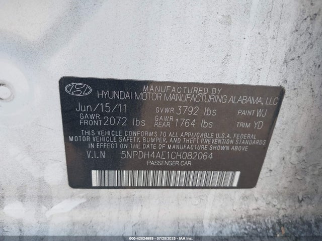 Продажа на аукционе авто 2012 Hyundai Elantra Limited, vin: 5NPDH4AE1CH082064, номер лота: 42824689