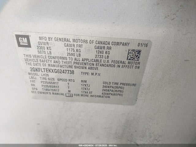 Aukcja sprzedaży 2016 Gmc Terrain Sle, vin: 2GKFLTEKXG6247738, numer aukcji: 42824824