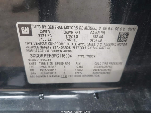 3GCUKREH9FG116994 Chevrolet lv3 - vvt, aluminum, e85 max