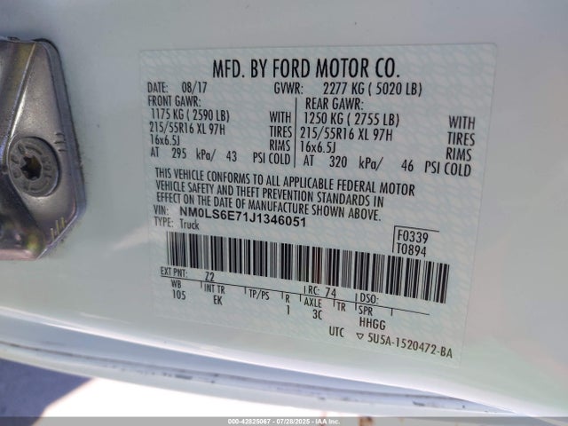 Ford 2.5l dohc pfi 2018 NM0LS6E71J1346051 Image 9