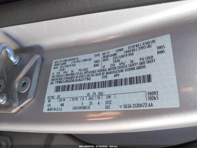 1FMCU9GD8JUA31792 Ford 1.5l gtdi sigma w/premium fuel