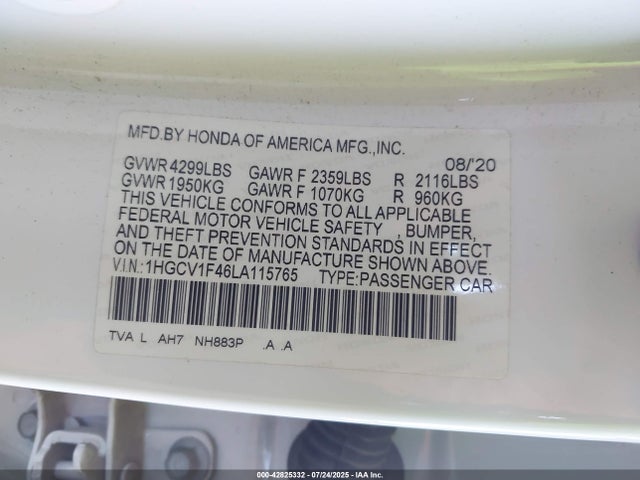 1HGCV1F46LA115765 Honda l15be