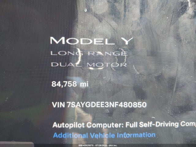 7SAYGDEE3NF480850 Tesla Model Y