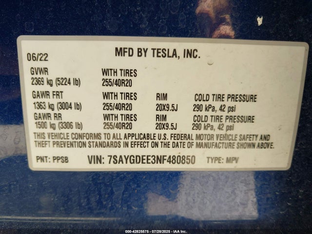 2022 TESLA MODEL Y 7SAYGDEE3NF480850 Photo 8