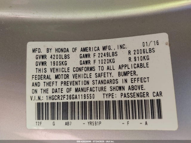 1HGCR2F36GA119550 Honda k24w1