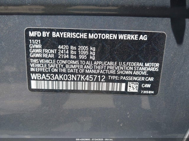 WBA53AK03N7K45712 BMW 2022