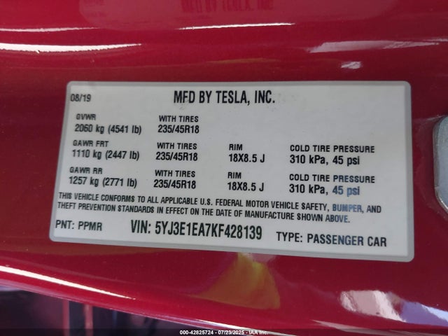 5YJ3E1EA7KF428139 Tesla MODEL 3
