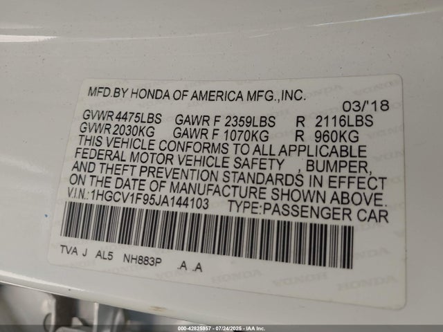 1HGCV1F95JA144103 Honda l15be