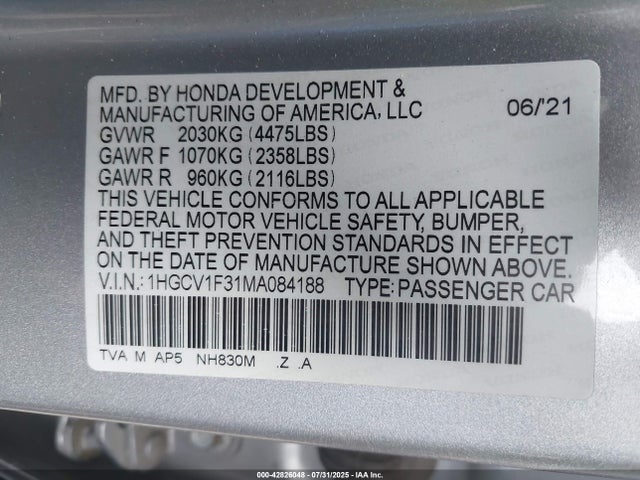1HGCV1F31MA084188 Honda l15be