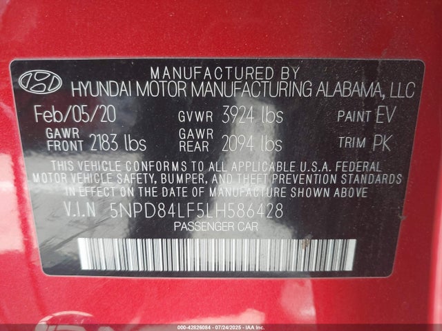 5NPD84LF5LH586428 Hyundai mpi nu