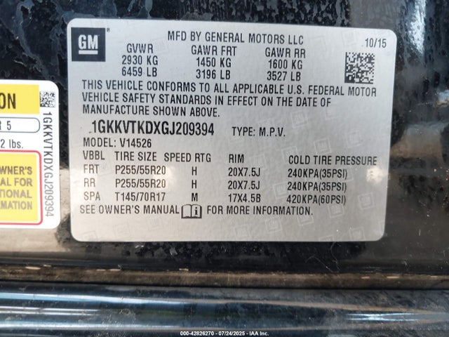 1GKKVTKDXGJ209394 GMC llt - sidi, alum, 60 degrees