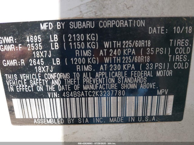 Subaru na u5 2019 4S4BSATC2K3237780 Image 9