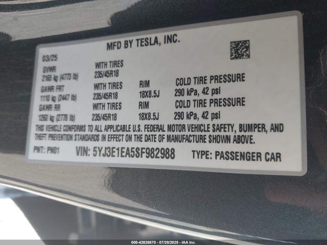 Tesla MODEL 3 2025 5YJ3E1EA5SF982988 Image 9