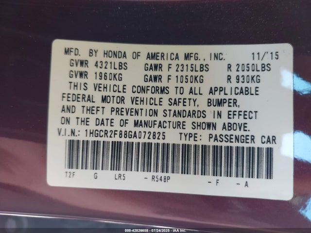 1HGCR2F88GA072825 Honda k24w1