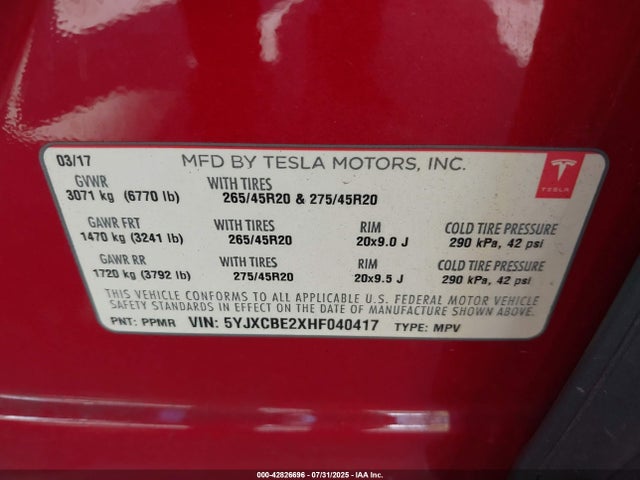 2017 TESLA MODEL X 5YJXCBE2XHF040417 Photo 8