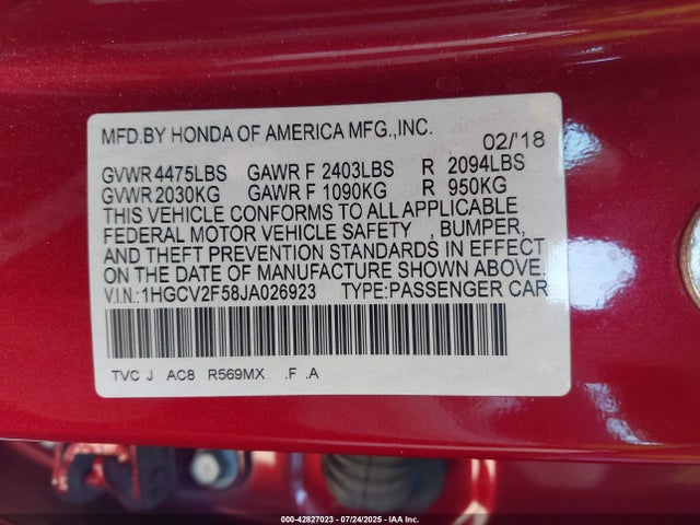 1HGCV2F58JA026923 Honda k20c4
