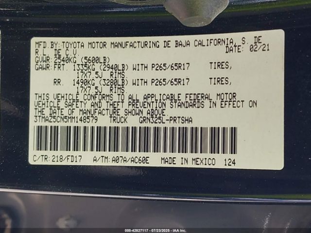 2021 TOYOTA TACOMA 3TMAZ5CN5MM148579 Photo 8