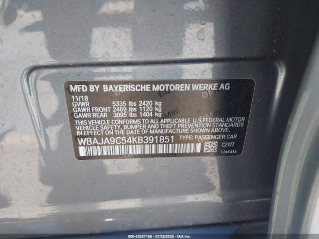 WBAJA9C54KB391851 BMW 2019