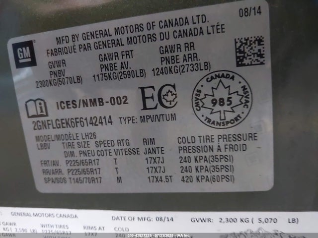 Chevrolet lea - flex fuel (gas/alc), aluminum, ho, 2015 2GNFLGEK6F6142414 Image 9
