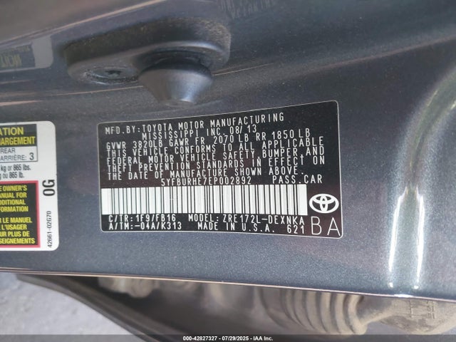 5YFBURHE7EP002892 Toyota 2zr-fe