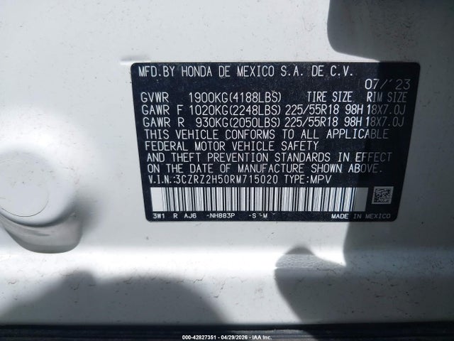 3CZRZ2H50RM715020 Honda Hr-v Awd Sport/awd Sport W/o Bsi