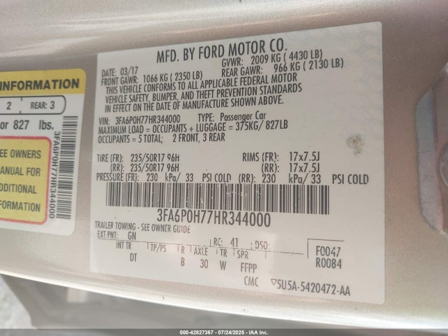 Ford Fusion 2017 3FA6P0H77HR344000 Image 9