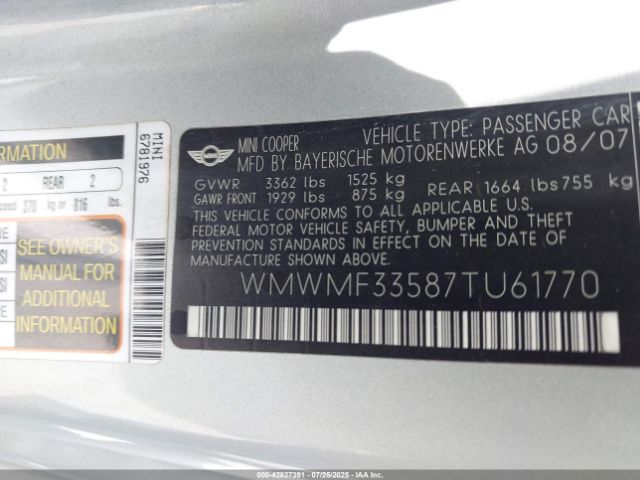 2007 MINI COOPER WMWMF33587TU61770 Photo 8