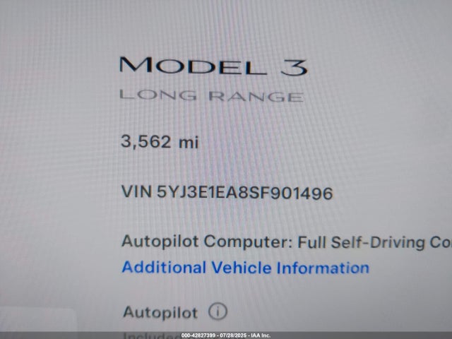 5YJ3E1EA8SF901496 Tesla MODEL 3