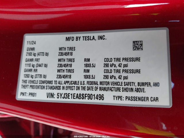 2025 TESLA MODEL 3 5YJ3E1EA8SF901496 Photo 8