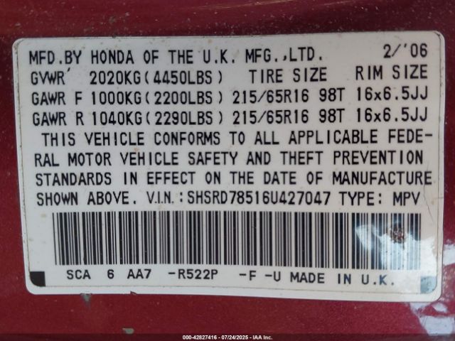 2006 HONDA CR-V SHSRD78516U427047 Photo 8