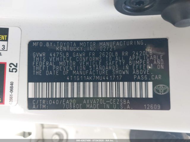 2021 TOYOTA CAMRY 4T1G11AK7MU441717 Photo 8