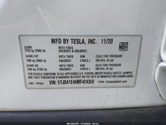 2021 TESLA MODEL S 5YJSA1E46MF424359 Photo 8