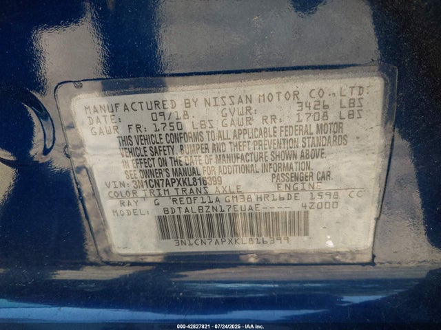 3N1CN7APXKL816399 Nissan 2019
