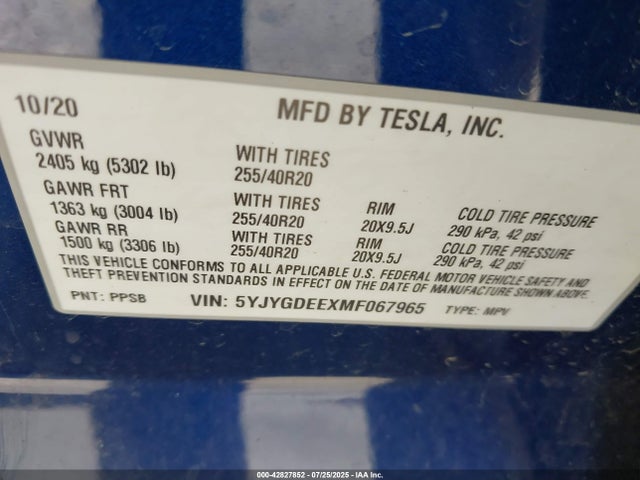 2021 TESLA MODEL Y 5YJYGDEEXMF067965 Photo 8