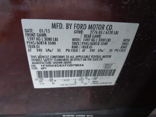 Ford 2015 2015 1FM5K8D8XFGB78654 Image 9