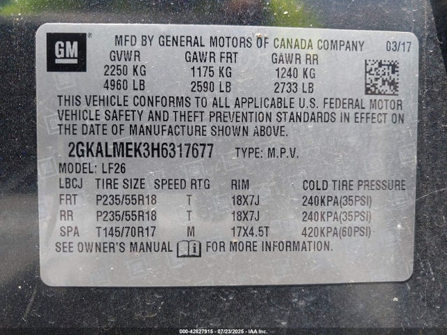 GMC lea - sidi: spark ignited direct injection, e85 max, alum 2017 2GKALMEK3H6317677 Image 9