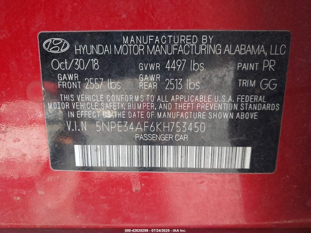 2019 Hyundai Sonata Sel მანქანა იყიდება აუქციონზე, vin: 5NPE34AF6KH753450, აუქციონის ნომერი: 42828299